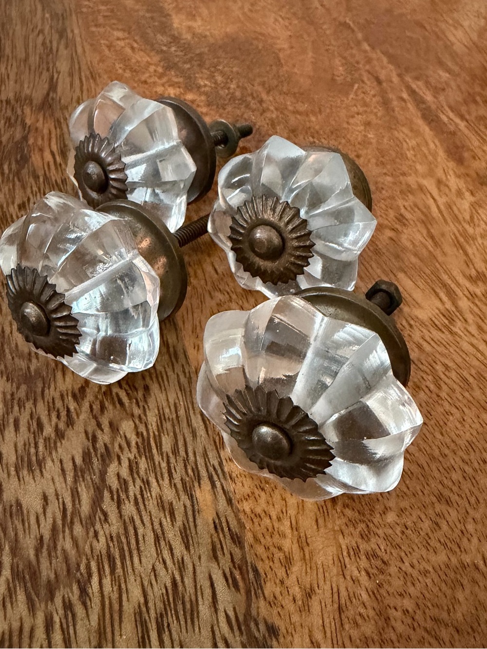 Clear Glass Drawer Pulls with Antique Brass Centers - Set of 4